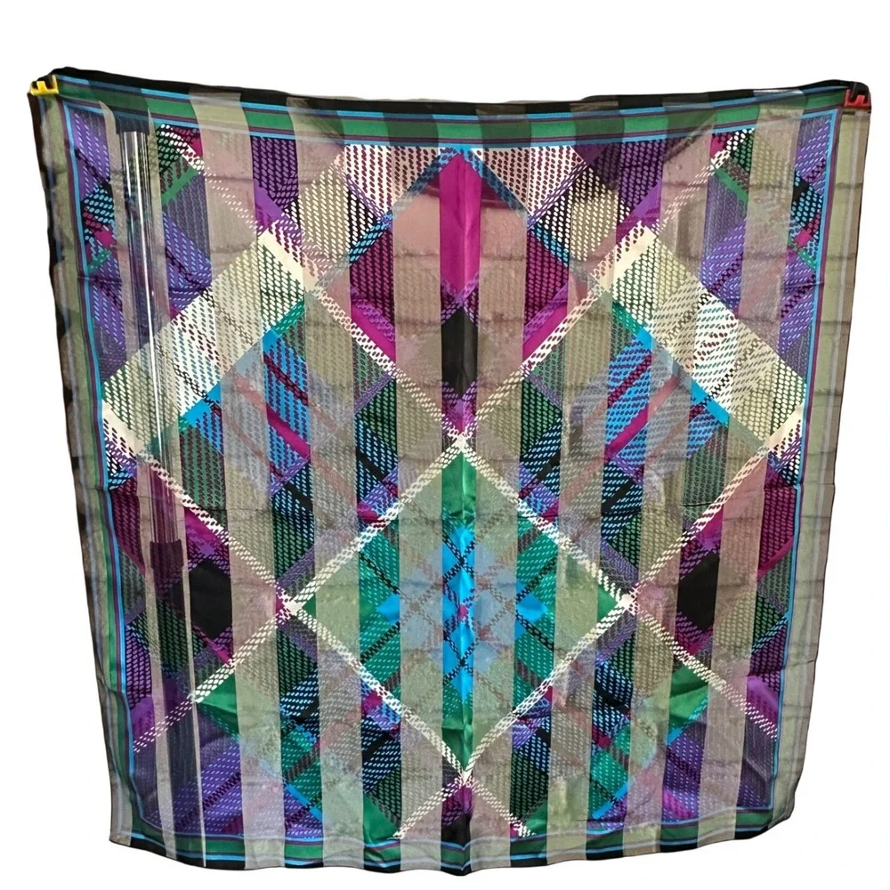 Vintage Silk Chiffon Scarf 80s‎ 90s Geometric Abstract Dot Purple Green Blue
